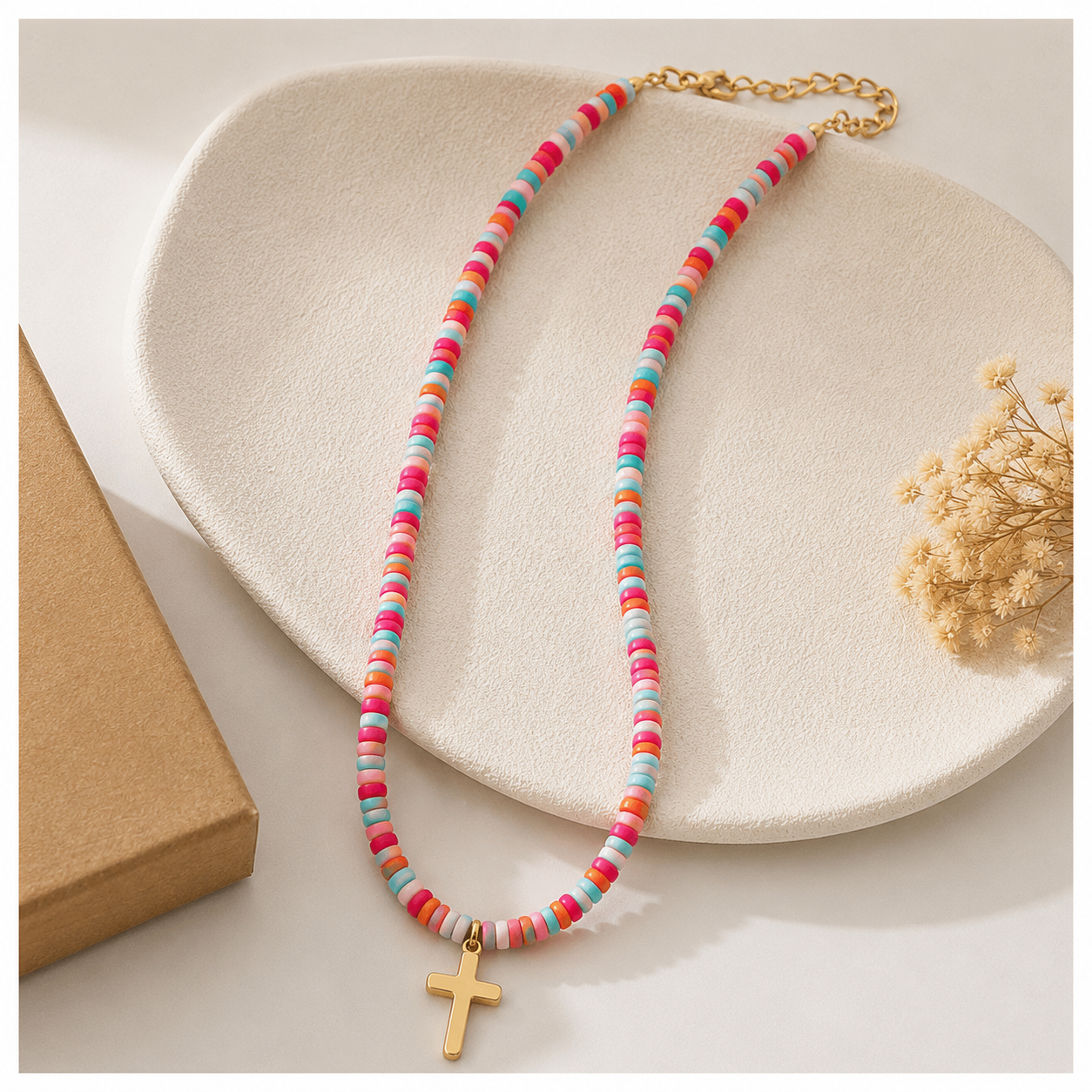Colorful beaded cross necklace with multicolor beads and gold cross pendant