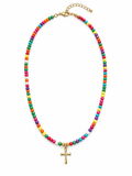 COLORFUL WOODEN BEADED CROSS NECKLACE